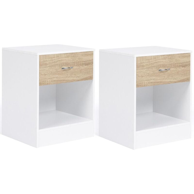 Lot de 2 tables de chevet olga 1 tiroir avec niche bois blanc et façon hêtre
