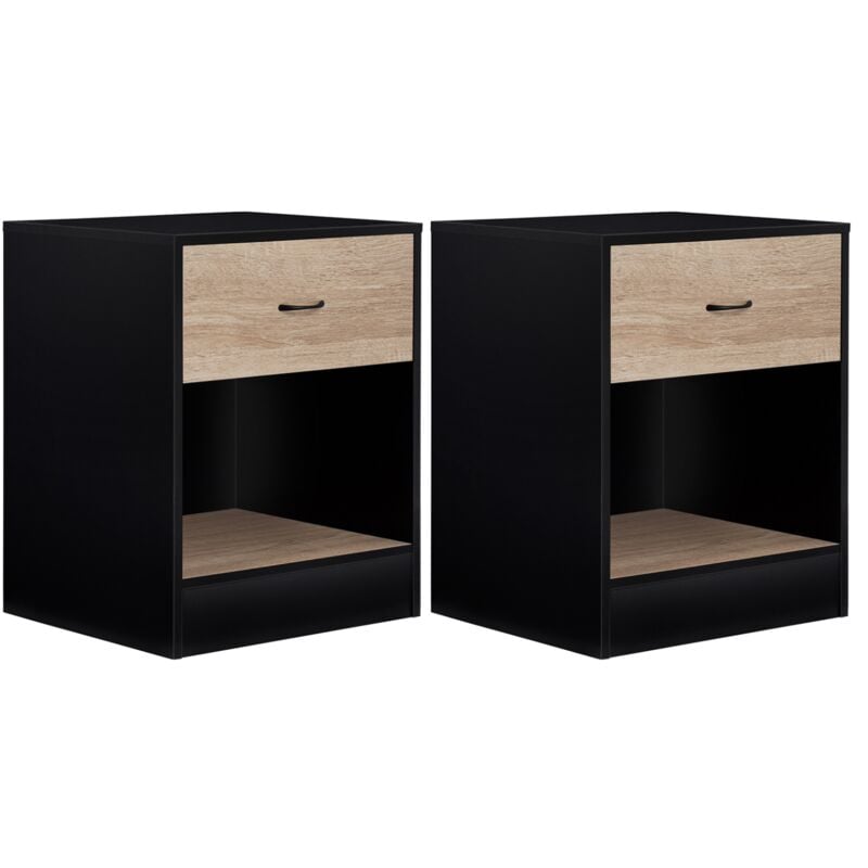 Lot de 2 tables de chevet olga 1 tiroir avec niche bois noir et tiroir façon hêtre