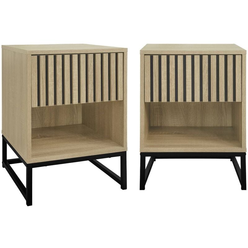 Lot de 2 tables de chevet style contemporain avec 1 tiroir effet bois rainuré (système d'ouverture par pression) et 1 niche. piètement en métal noir