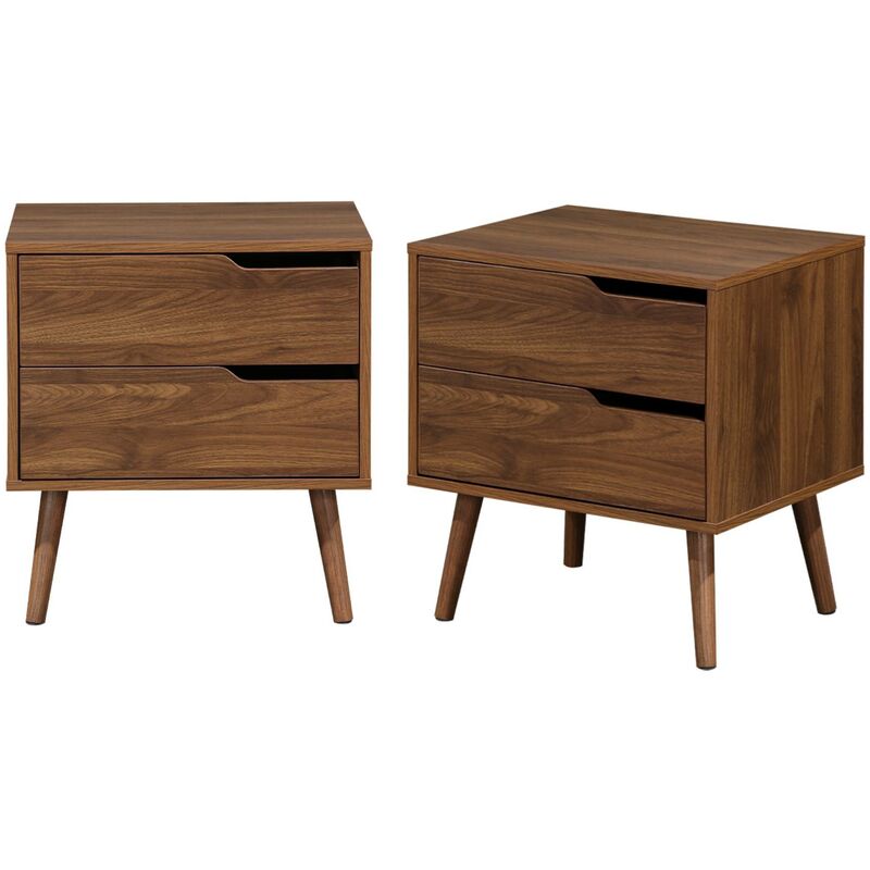 Lot de 2 tables de chevet décor bois teinté noyer. 2 tiroirs. pieds en pin massif