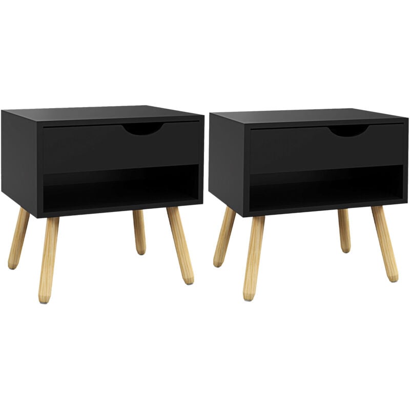Lot de 2 tables de chevet design scandinave - tiroir, niche - piètement bois pin - noir