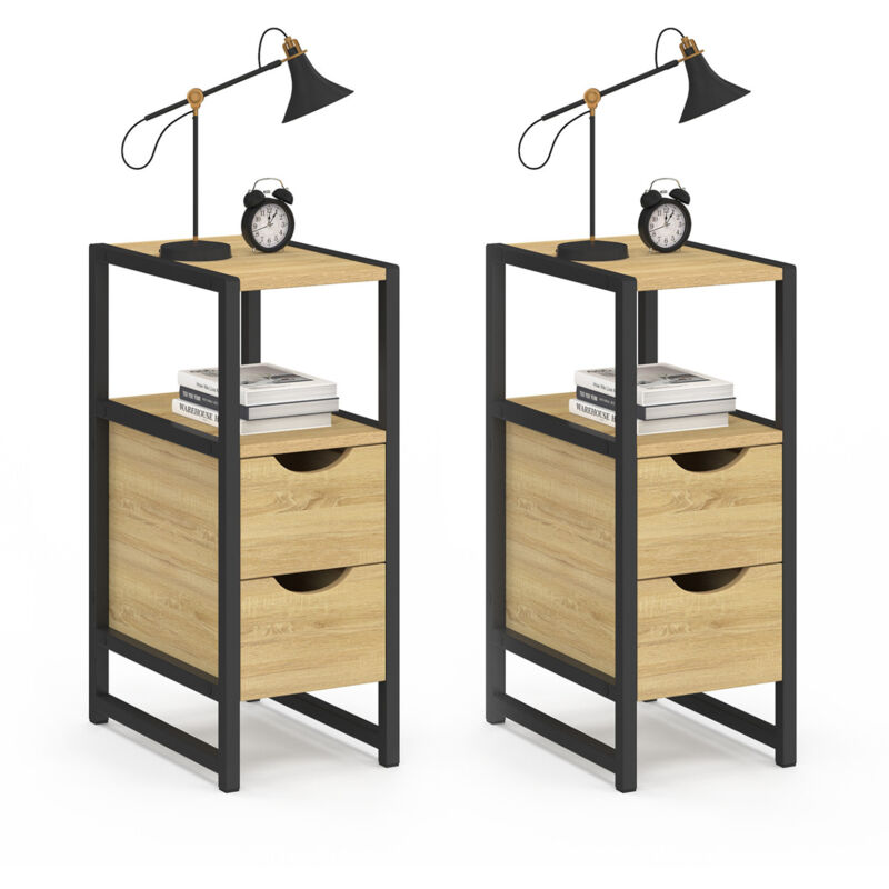 Lot de 2 tables de chevet bois et métal noir 2 tiroirs 1 niche style industriel