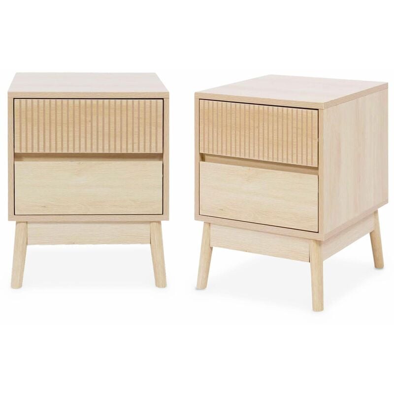 Lot de 2 tables de chevet deux tiroirs. décor bois et piétement en pin - Linear
