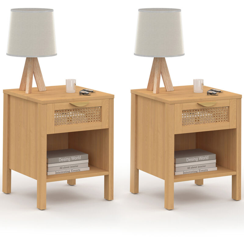 Lot de 2 tables de chevet edhen 1 tiroir avec niche cannage et bois