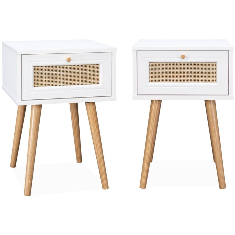 Lot de 2 tables de chevet effet bois blanc et cannage avec 1 tiroir