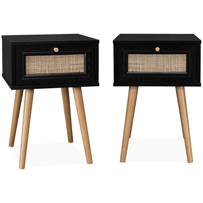 Lot de 2 tables de chevet effet bois noir et cannage avec 1 tiroir