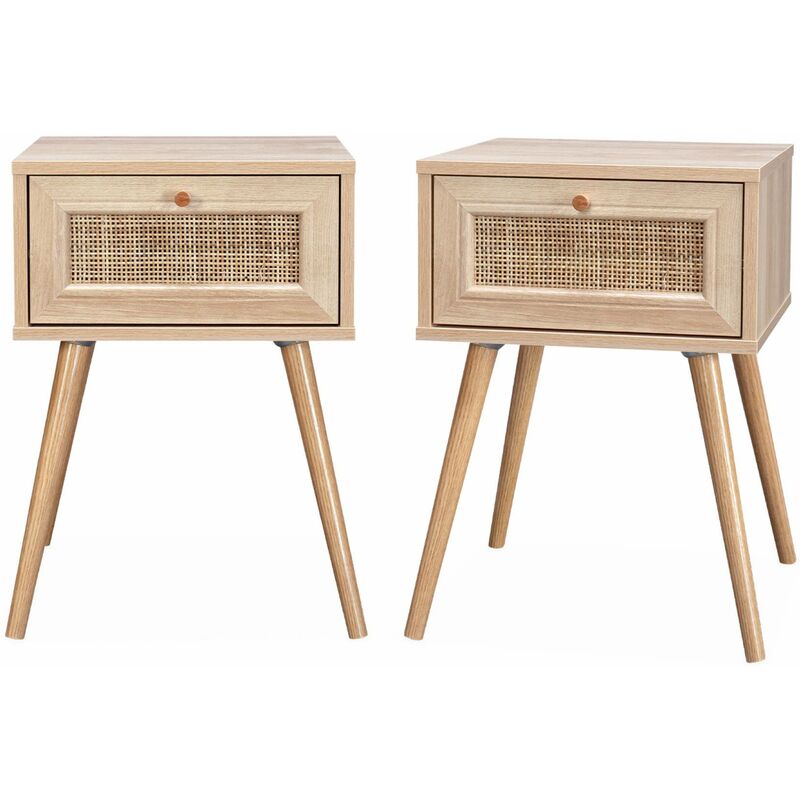 Lot de 2 tables de chevet effet bois & cannage avec 1 tiroir - Bohème