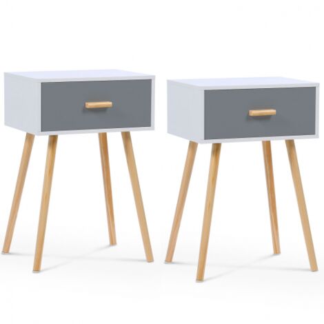 Lot de 2 tables de chevet EIYA scandinaves 1 tiroir bois blanc et gris