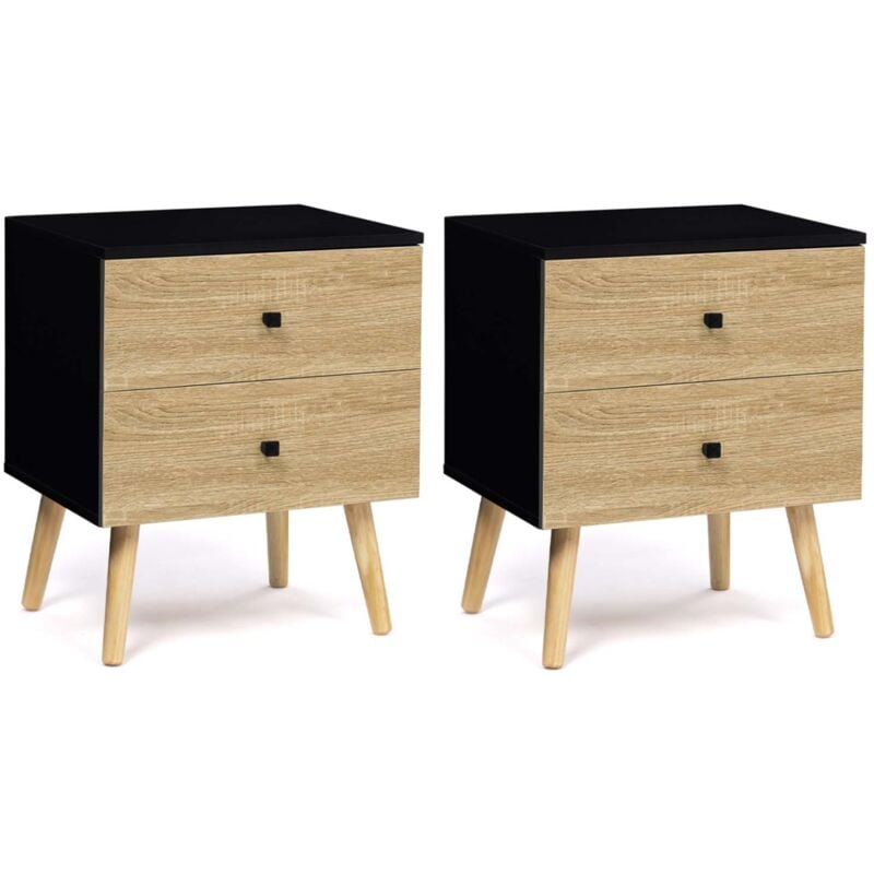 Lot de 2 tables de chevet emmie scandinaves 2 tiroirs noir et hêtre