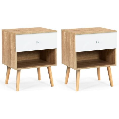 IDMARKET Lot de 2 tables de chevet EMMIE scandinaves 1 tiroir avec niche hêtre et blanc