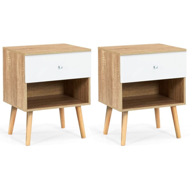 Lot de 2 tables de chevet EMMIE scandinaves 1 tiroir avec niche hêtre et blanc