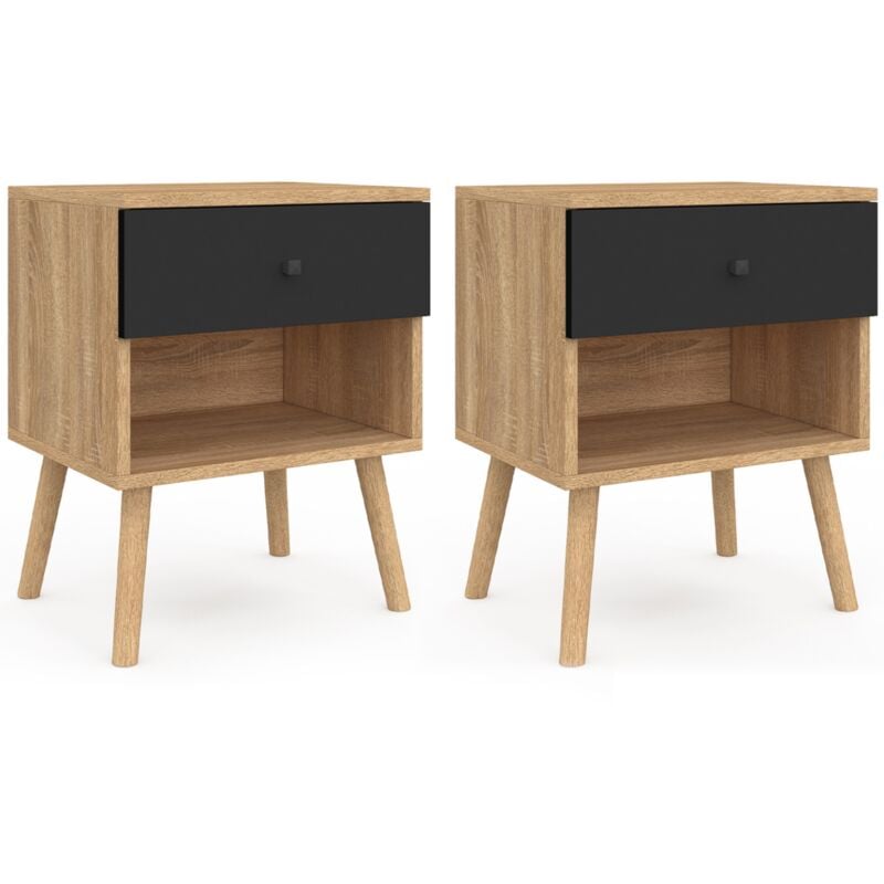 Lot de 2 tables de chevet emmie scandinaves 1 tiroir avec niche hêtre et noir