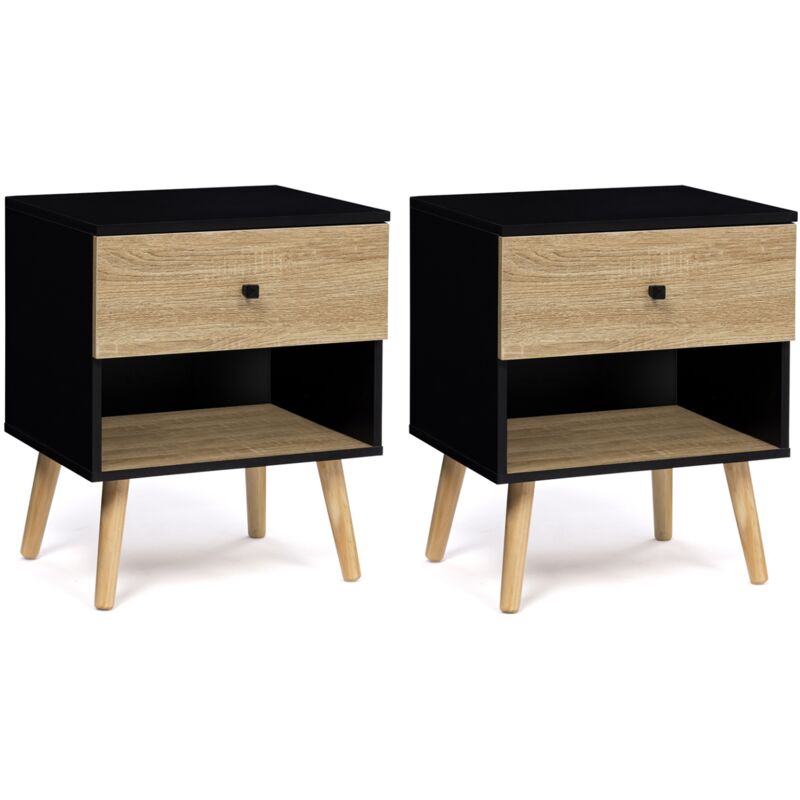 Lot de 2 tables de chevet emmie scandinaves 1 tiroir avec niche noir et hêtre