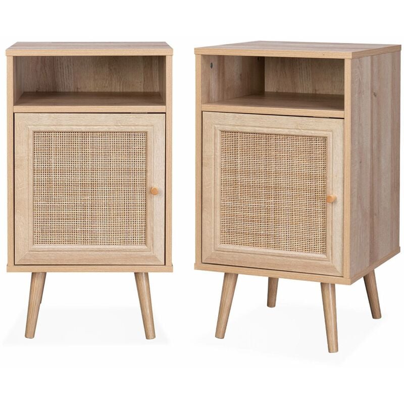 Lot de 2 tables de chevet en cannage - Bohème - 40x39x70cm Naturel - 2 niveaux - 1 portes - 1 espace de rangement - pieds scandinaves