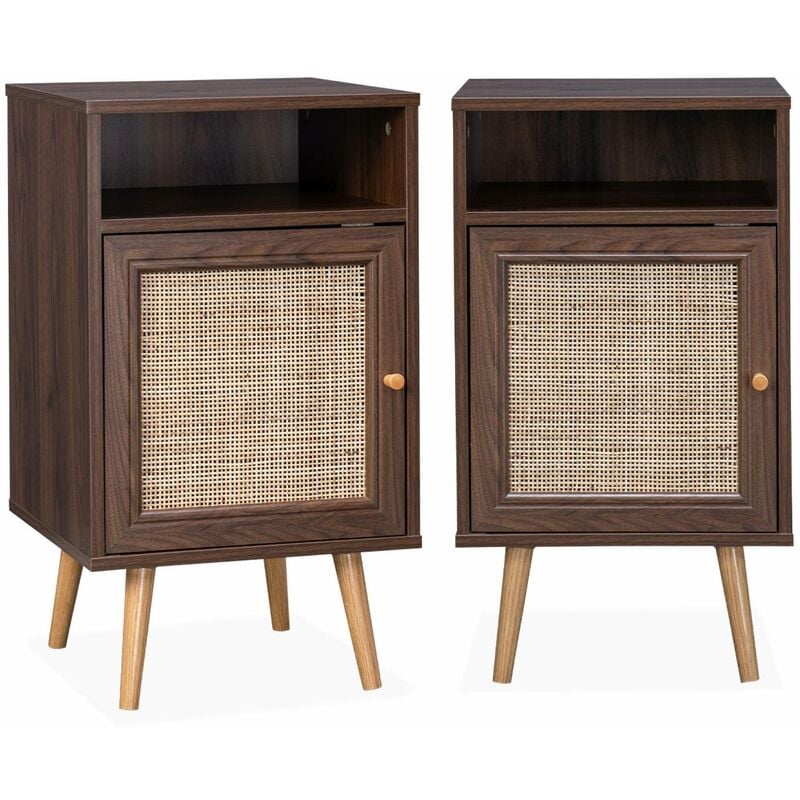 Sweeek - Lot de 2 tables de chevet en cannage - Bohème - 40x39x70cm couleur bois foncé - 2 niveaux - 1 portes - 1 espace de rangement - pieds