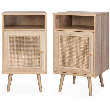 SWEEEK Lot de 2 tables de chevet en cannage - Bohème - 40x39x70cm Naturel - 2 niveaux - 1 portes - 1 espace de rangement - pieds scandinaves