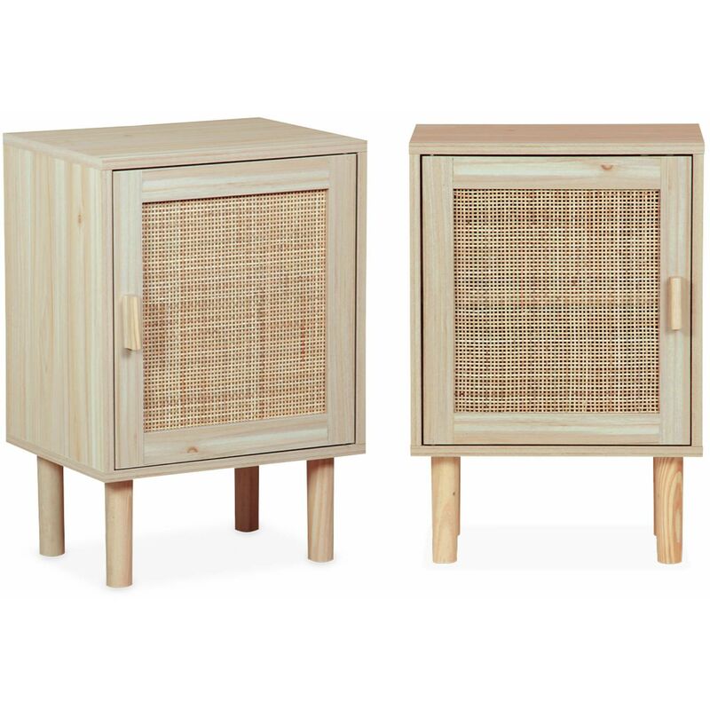 Lot de 2 tables de chevet en cannage et décor bois - Camargue - 40x30x58cm. 2 niveaux. 1 porte. pieds droits