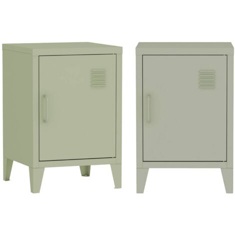 Lot de 2 tables de chevet en métal 1 porte. Vert. L 38 x P 38 x H 55.7 cm