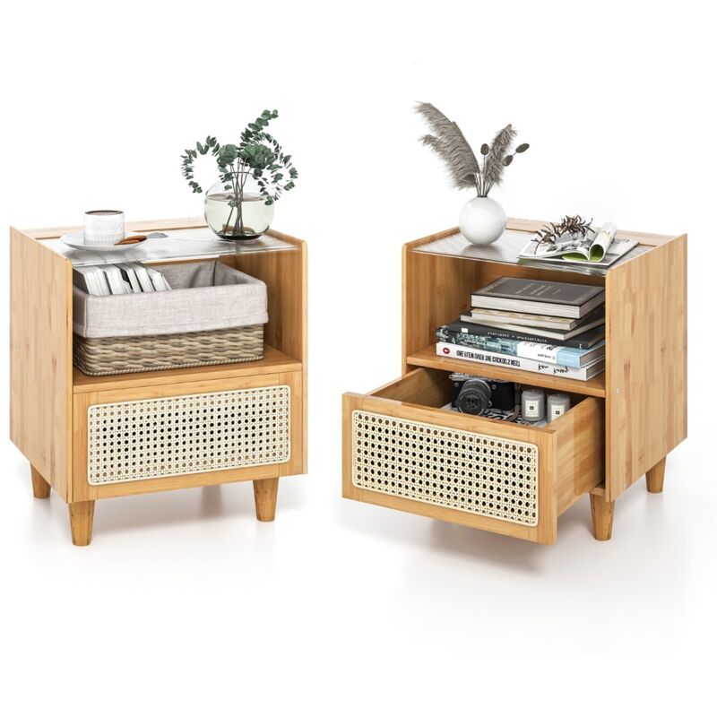 Lot de 2 Tables de Chevet en Rotin de Bambou Tables de Chevet Bohème Tiroir et Pieds en Bois Massif Table D'appoint Espace de Rangement Caché Naturel