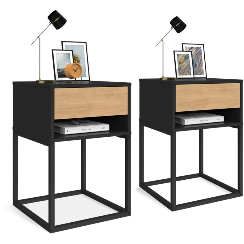 Lot de 2 tables de chevet 1 tiroir façon hêtre et 1 niche noire
