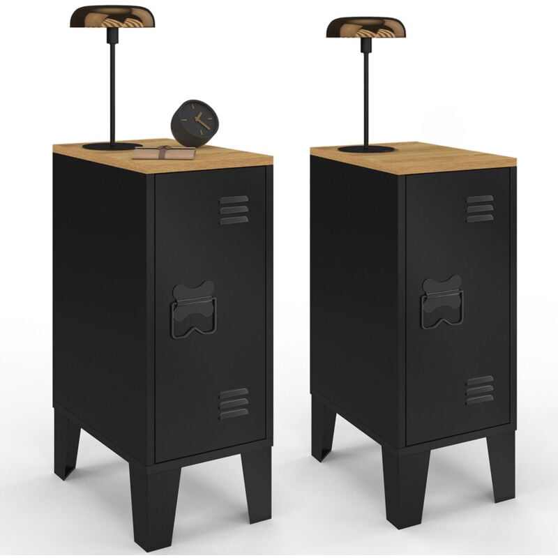 Lot de 2 tables de chevet ester 1 porte métal noir plateau façon hêtre design industriel