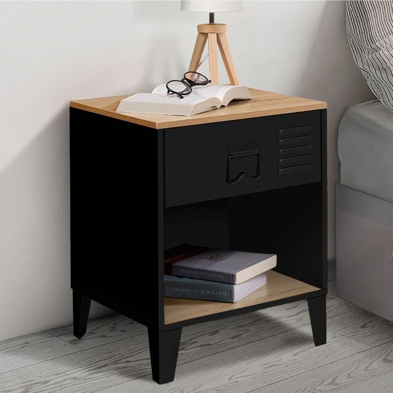 Lot de 2 tables de chevet ester 1 tiroir métal noir avec niche et plateau façon hêtre design industriel