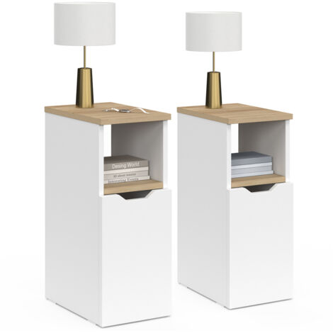 Idmarket – Lot de 2 tables de chevet blanc et bois façon hêtre – 1 porte avec niche – Dimensions 20x30x50cm – Rangement optimal pour petits espaces