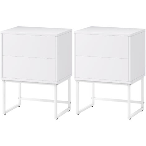 Lot de 2 tables de chevet étroites avec 2 tiroirs, ouverture par simple pression et pieds en acier, 40 x 30 x 55 cm, blanches
