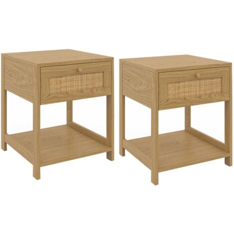 IDMARKET Lot de 2 tables de chevet HANAE vintage 1 tiroir avec tablette effet naturel cannage