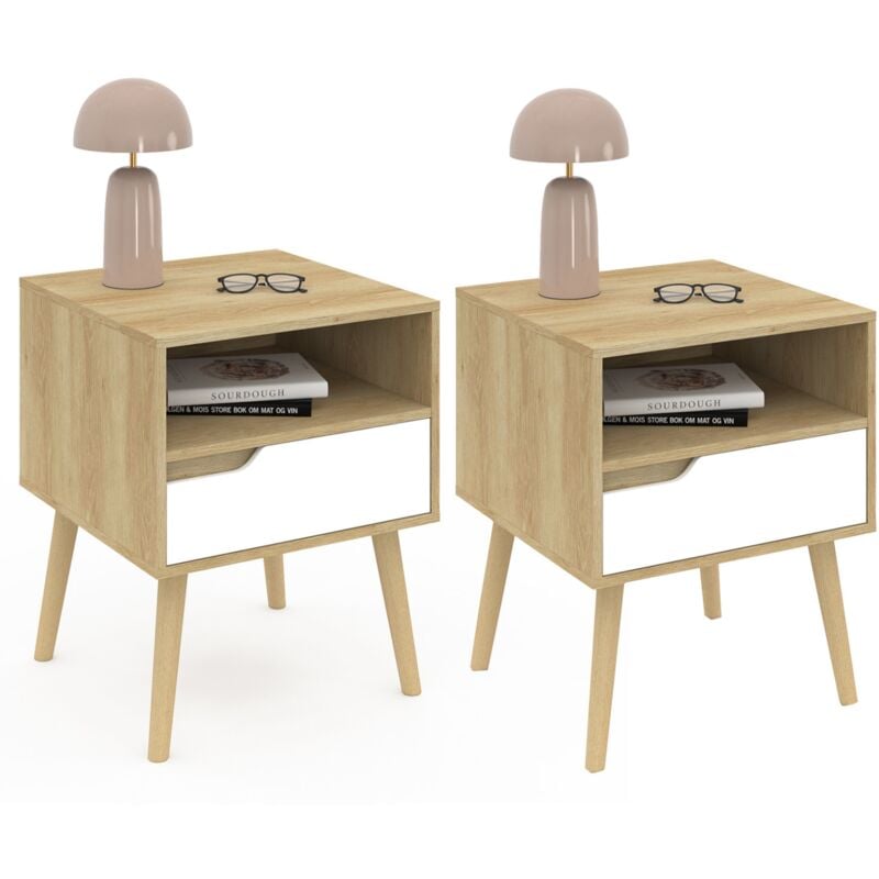 Lot de 2 tables de chevet helsinki scandinaves 1 tiroir avec niche effet hêtre et blanc