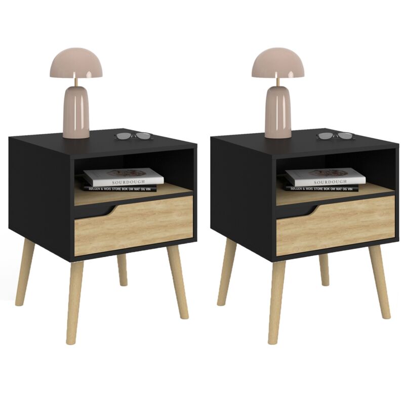 Lot de 2 tables de chevet helsinki scandinaves 1 tiroir avec niche noir et effet hêtre