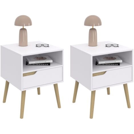 IDMARKET Lot de 2 tables de chevet HELSINKI scandinaves 1 tiroir avec niche blanc