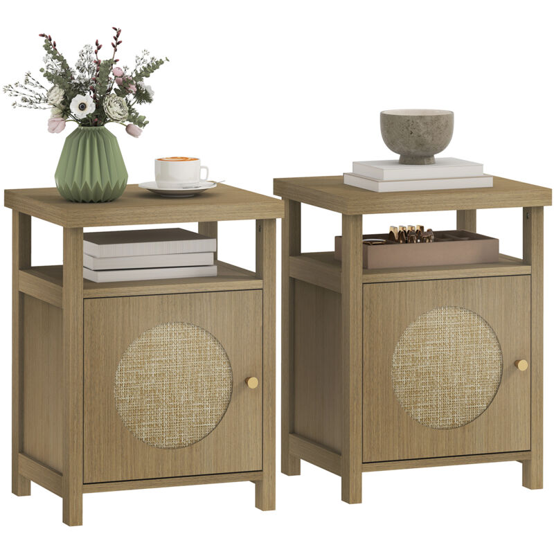 Lot de 2 tables de chevet - HOMCOM - avec compartiment ouvert, 1 placard - finition en rotin, style bohème - 40x35x55cm - marron