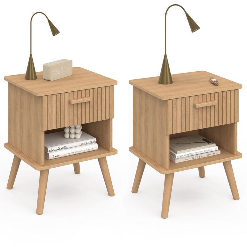 Lot de 2 tables de chevet juliette 1 tiroir avec niche lattes tasseau bois coloris chêne