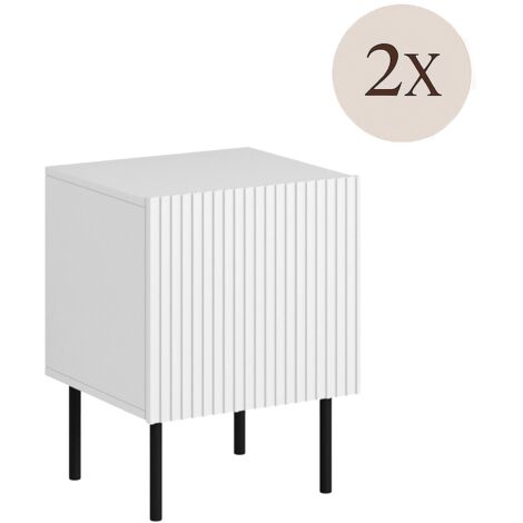 Lot de 2 tables de chevet Livraga, Commode basse avec porte battante et compartiment intérieur, Finition effet roseau, 45x40 h51 cm, Blanc