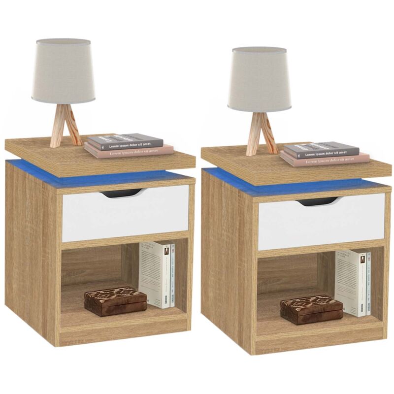 Lot de 2 tables de chevet luna à leds 1 tiroir avec niche hêtre et blanc