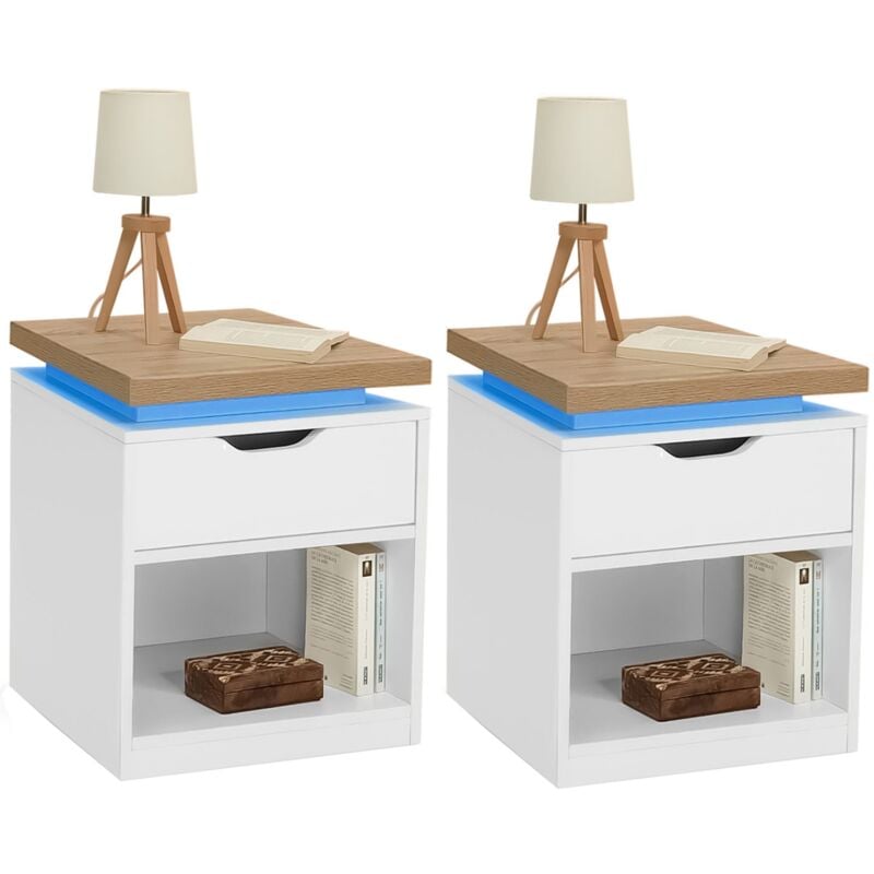 Lot de 2 tables de chevet luna à leds 1 tiroir avec niche blanc et plateau effet bois