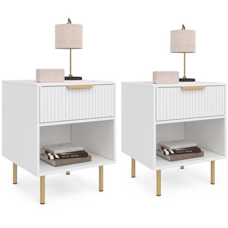 Lot de 2 tables de chevet MARCEL 1 tiroir avec niche effet lattes blanc et doré
