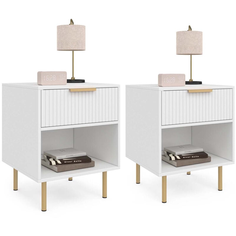 Lot de 2 tables de chevet marcel 1 tiroir avec niche lattes tasseau bois blanc et doré