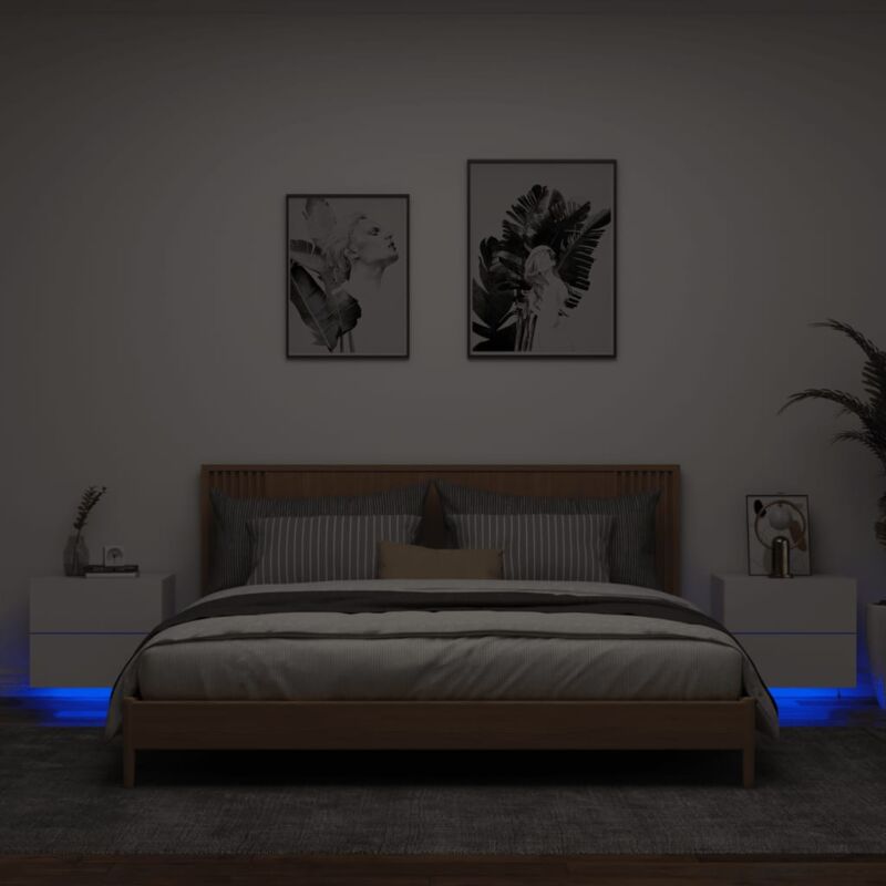 Lot de 2 Tables de chevet murales avec lumières led, Tables d'appoint, Tables de nuit blanc design in