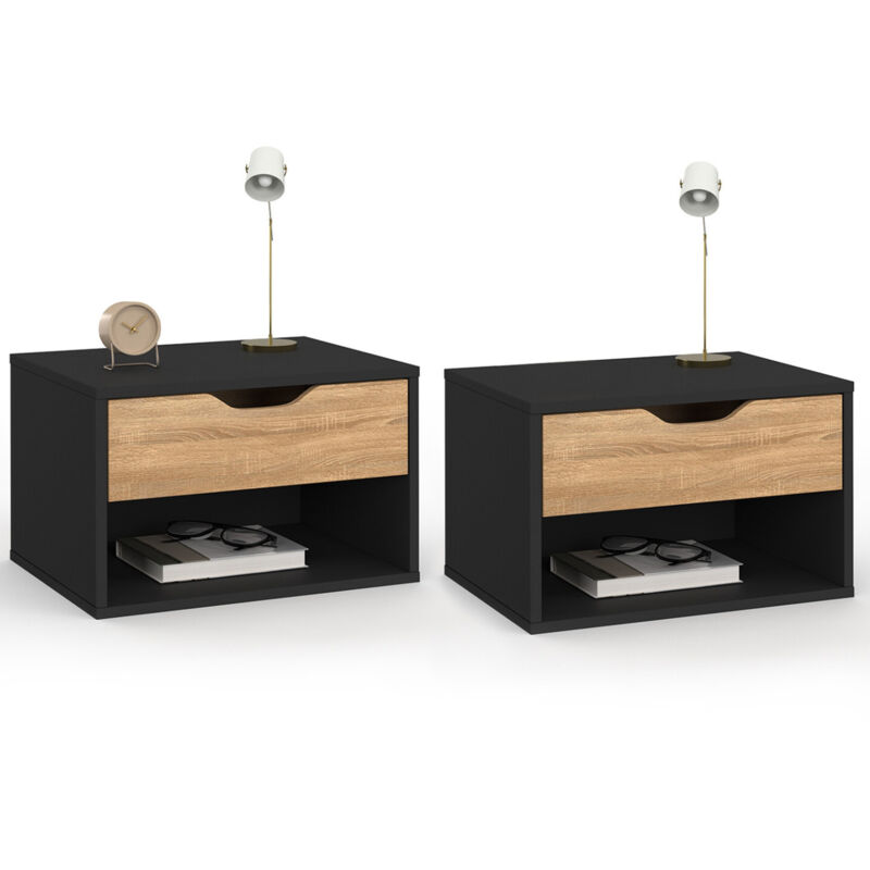 Lot de 2 tables de chevet murales cathy 1 tiroir avec niche façon hêtre et noir