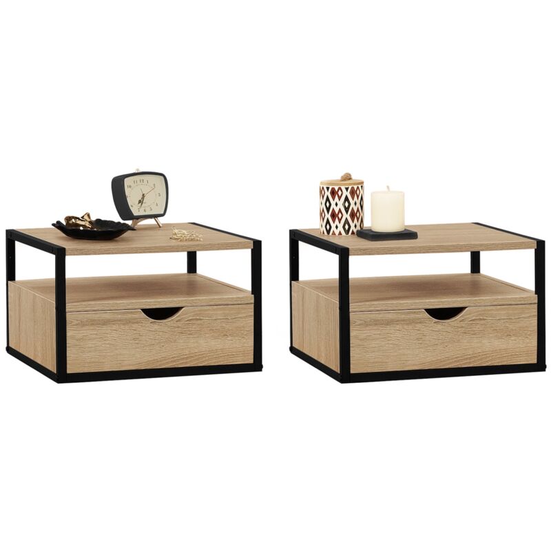 Lot de 2 tables de chevet murales detroit 1 tiroir + 1 tablette suspendus bois et métal noir design industriel