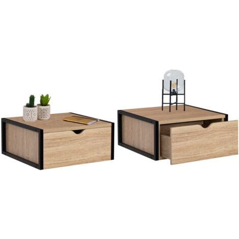 IDMARKET Lot de 2 tables de chevet murales DETROIT 1 tiroir étagère suspendue bois et métal noir design industriel
