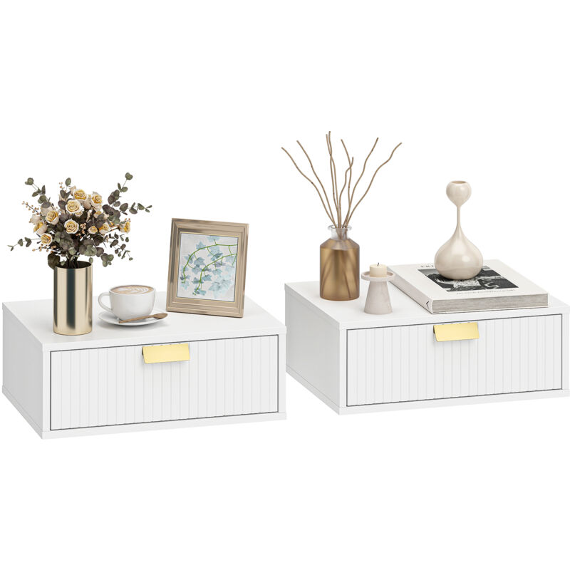 Lot de 2 tables de chevet murales - HOMCOM - avec tiroir ondulé - bois - 40 x 30 x 15 cm - blanc