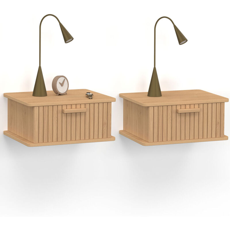 Lot de 2 tables de chevet suspendues lattes tasseau bois 1 tiroir