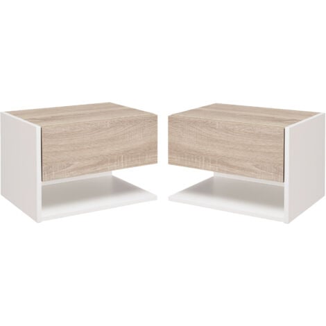 HOMCOM Lot de 2 tables de chevet murales - lot de 2 tables de nuit - tiroir coulissant, étagère, plateau - panneaux particules bicolore aspect chêne clair blanc
