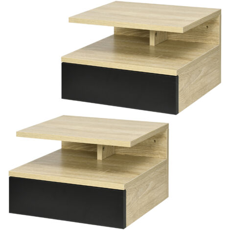 Lot de 2 Tables de Chevet murales - Lot de 2 Tables de Nuit - tiroir Coulissant, Niche, Plateau - Noir Chêne
