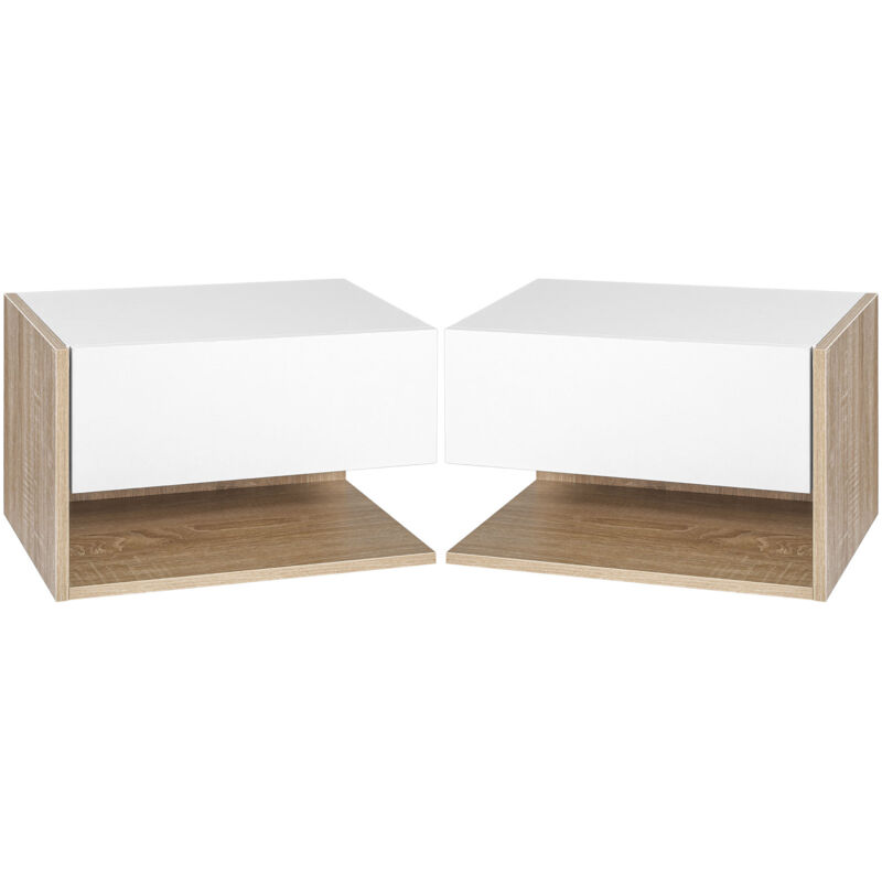 Lot de 2 tables de chevet murales - lot de 2 tables de nuit - tiroir coulissant, étagère - aspect chêne clair blanc