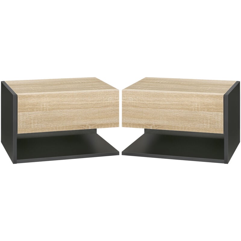 Lot de 2 tables de chevet murales - lot de 2 tables de nuit - tiroir coulissant, étagère - aspect chêne clair noir