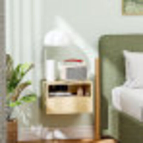 Lot de 2 tables de chevet murales suspendues, avec tiroir et étagère ouverte, en bois naturel, rangement optimal pour chambre et salon, design moderne et épuré - 45 x 35 x 27,5 cm